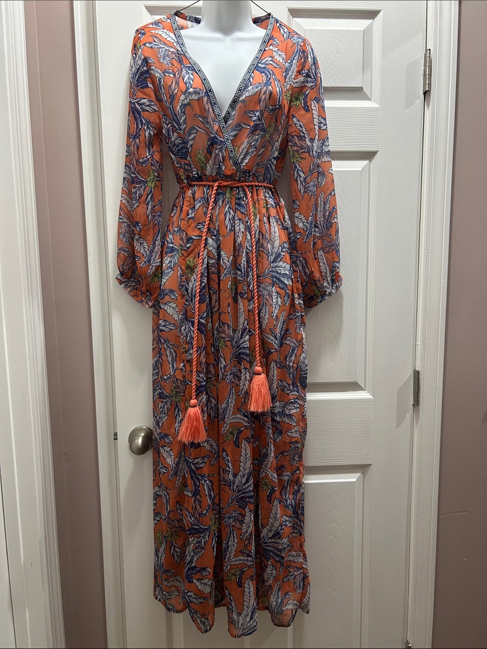AB Studio Coral Botanical Wrap Maxi Dress with Tassel Belt